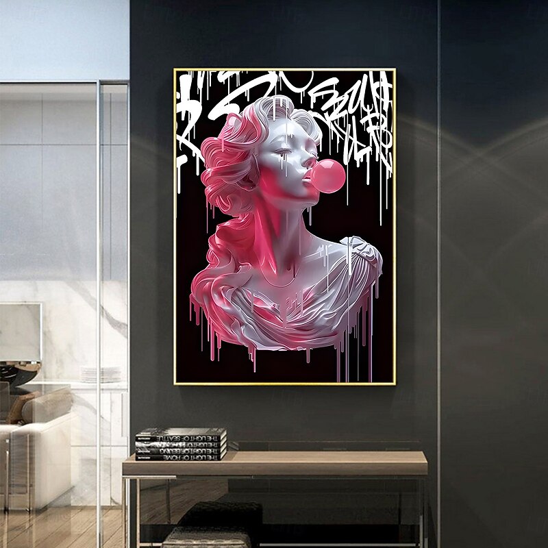 Chic Pink Girl Blowing Balloons Canvas Art Print - Modern Fluid Wall Decor for Living Room & Kitchen Reusable No Frame Needed