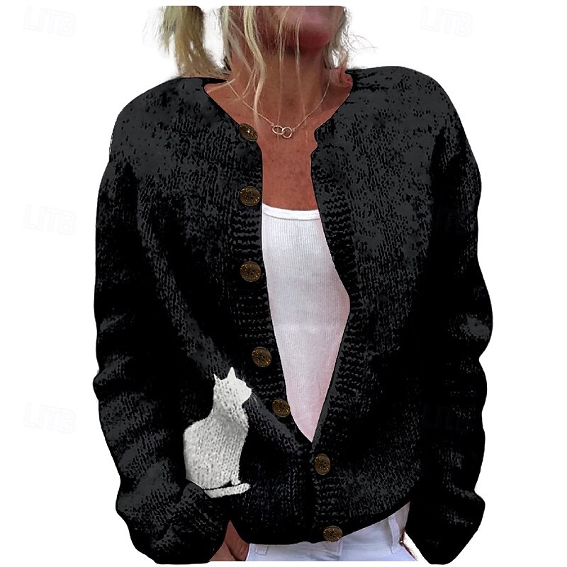 Women's Sweater Cardigan Fashion Streetwear Daily Floral Animal Ribbed Open Front Knitted Print Long Sleeve Long Tops Knit Holiday Going out Weekend Black White Fall Winter3