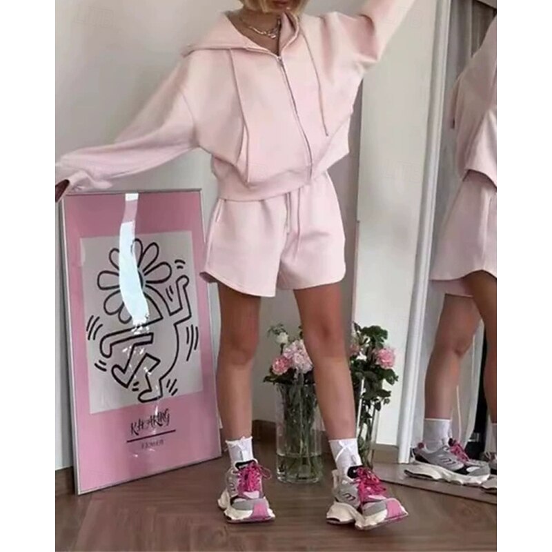 Women's Fashion Streetwear Tracksuit Shorts Sets Long Sleeve Hooded Plain Zipper Daily Wear Date White Pink Blue Summer Regular Fit