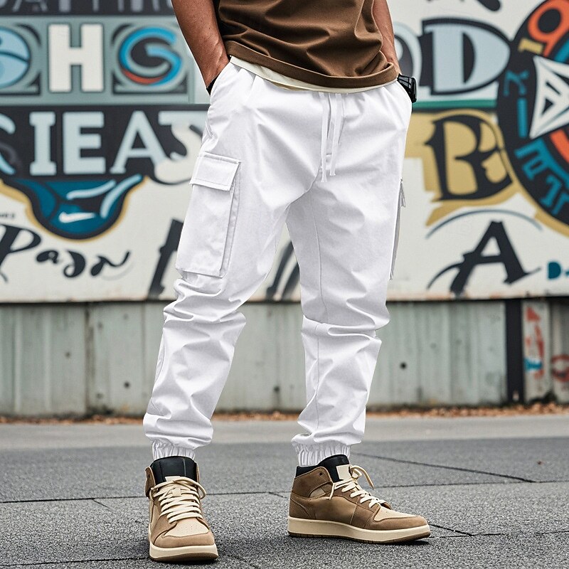Men's Cargo Pants Cargo Joggers Trousers Casual Pants Pocket Elastic Waist Drawstring Plain Comfort Full Length Outdoor Work Daily Fashion Streetwear Black White Inelastic3