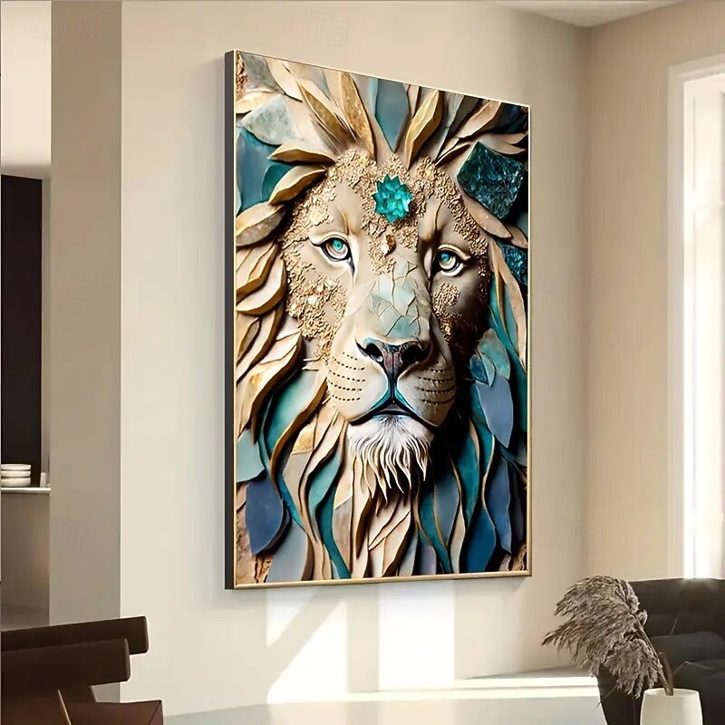 1 Piece Of Majestic Lion Head Kintsugi Canvas Art Frameless Modern Abstract Wall Decoration Blue And Gold Leaf Design Suitable For Living Room And Bedroom3