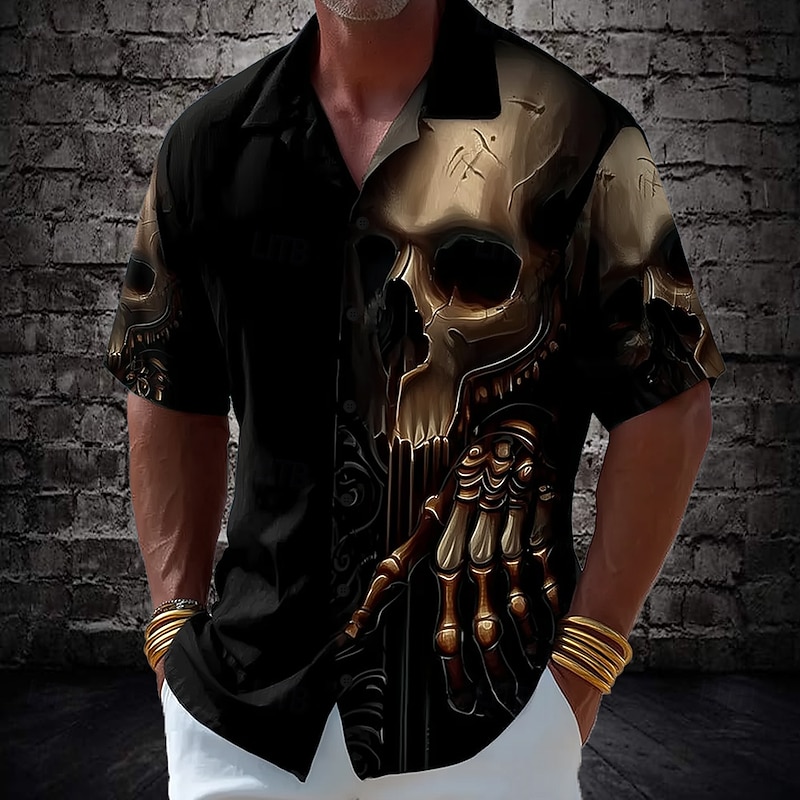 Men's Skull Skeleton Death Shirt Cuban Collar Shirt Button Up Shirt Short Sleeve Dark Gothic Style Holiday Streetwear Summer Camp Collar Shirt 3D Print Black 1 Black