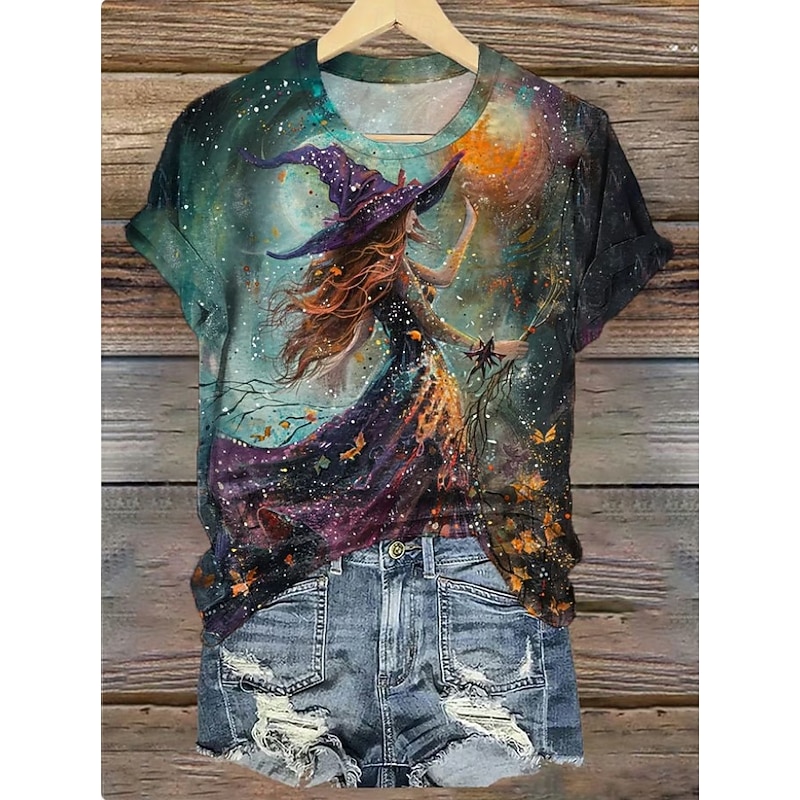 Halloween Women's T shirt Witch Graphic Vintage Stylish Classic Short Sleeve Crew Neck Round Neck Regular Tops Daily Weekend Print Black Dark Green Fuchsia Green Summer Spring Fall