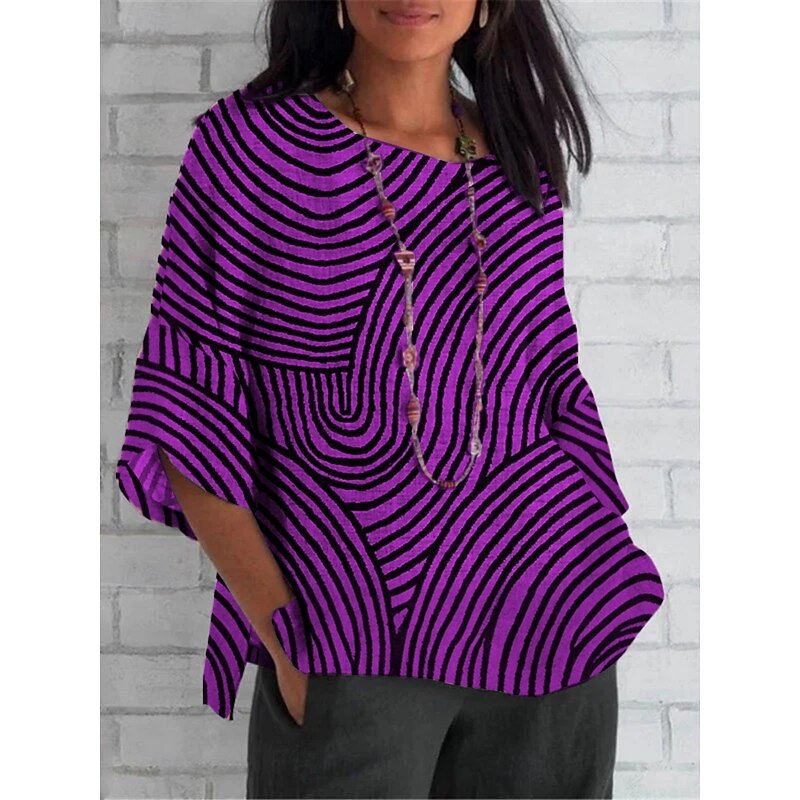 Women's Shirt Geometric Daily Casual 3/4 Length Sleeve Crew Neck Regular Tops Daily Holiday Print Red Royal Blue Blue Purple Green Summer Spring Fall3