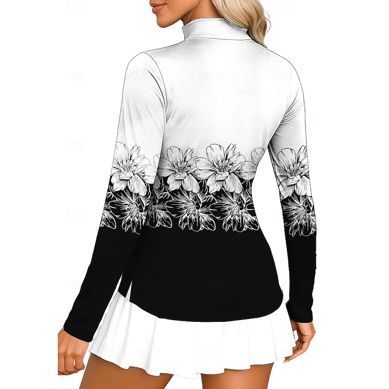 Women's Geometric Floral Golf Polo Shirt Tennis Shirt Tennis Tee Long Sleeve Print Quarter Zip Pullover UV Protection Elastic Breathable Tennis Golf Pickleball High Neck Zip Collar Shirt Polo Black2