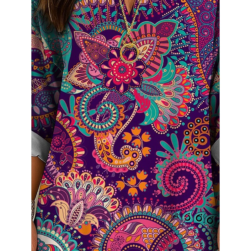 Women's Blouse Tunic V Neck Long Sleeve Boho Casual Tops Floral Graphic Paisley Bohemia Basic Long Tops Daily Buttons Print Yellow Pink Blue Purple Green Spring, Fall, Winter, Summer3