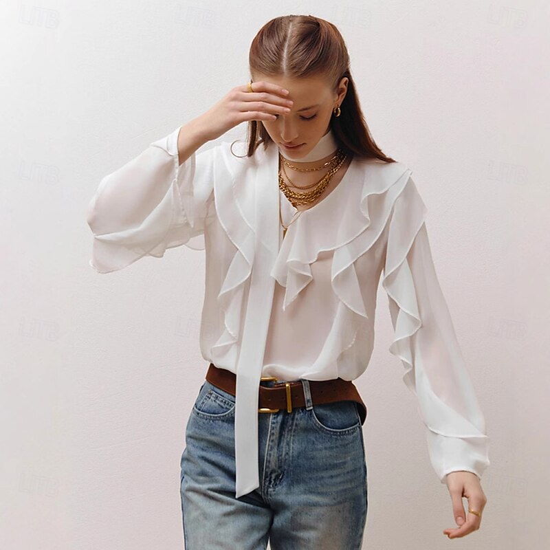 Women's Shirt Solid Color Elegant Bohemia Vintage Long Sleeve V Neck Regular Tops Work Daily Holiday Lace up Ruffle White Pink Blue Summer Spring Fall2