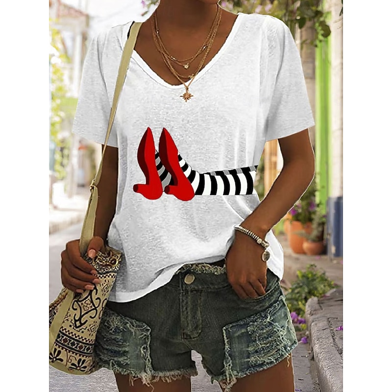 Halloween Women's T shirt Witch Graphic Vintage Stylish Classic Short Sleeve V Neck Regular Tops Daily Print Black White Blue Green Summer Spring