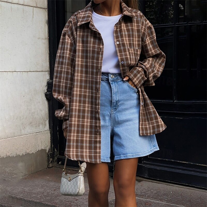 Women's Shirt Plaid Daily Stylish Basic Long Sleeve Shirt Collar Regular Tops Work Daily Holiday Pocket Print Brown Spring Fall2