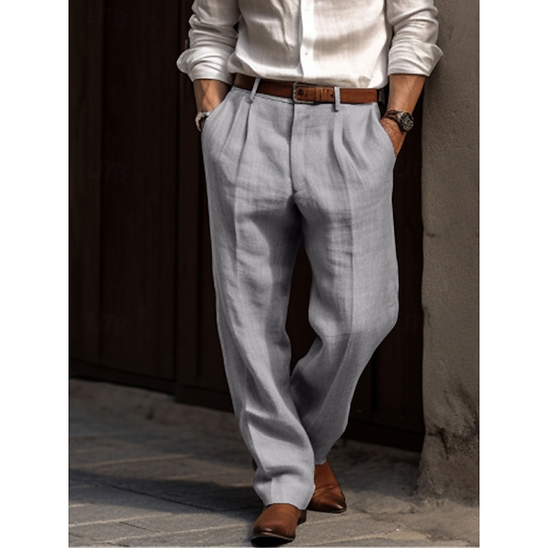 Men's Linen Pants Trousers Summer Pants Pleated Pants Dress Slacks Front Pocket Straight Leg Plain Comfort Breathable Casual Daily Holiday Fashion Basic Black White2