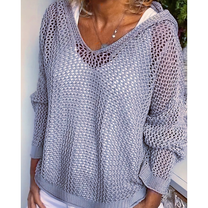 Women's Sweater Casual Solid Color Ribbed Hooded Hollow Out Knitted Long Sleeve Regular Tops Knit Daily Holiday Going out Wine Red Light Green Fall