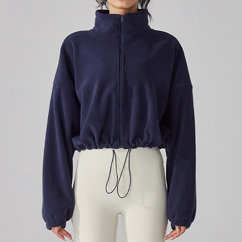 Women's Fuzzy Fleece Jacket Stand Collar Windproof Lightweight Warm Full Zip Long Sleeve Sports Solid Color Top For Outdoor Running Yoga Activewear3