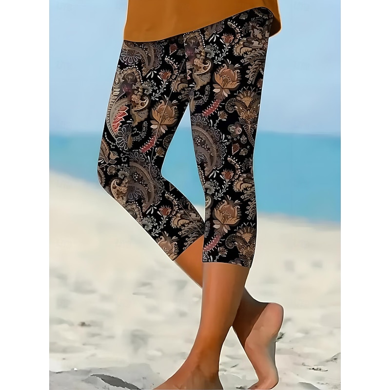 Women's Leggings Capri Pants High Elasticity Vacation Fashion Hawaiian Ankle-Length Mid Waist Floral Printing Thermal Warm Breathable Soft  Vacation Casual Daily Black Grey Summer Spring Regular Fit
