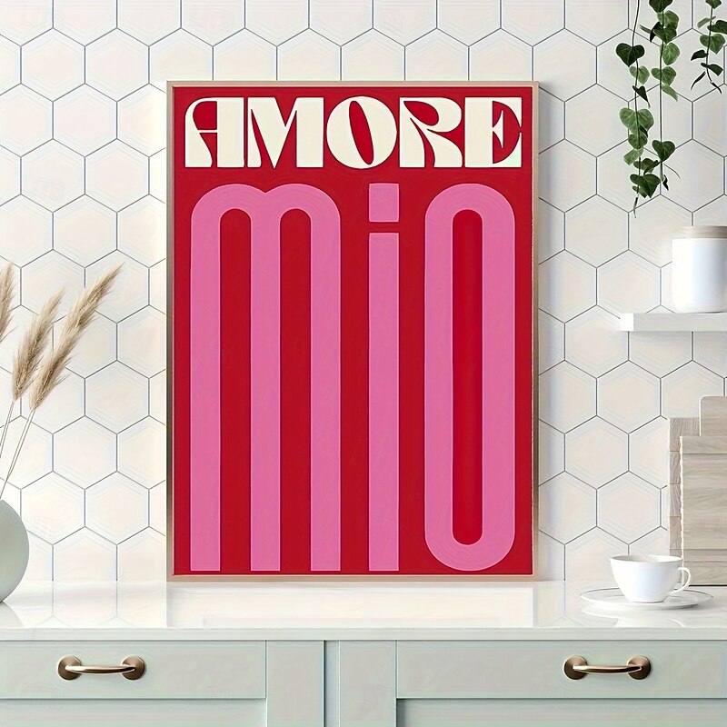 1pc Amore Mio Canvas Poster - Vibrant Red & Pink Modern Art Frameless Wall Decor with Stylized Text Design Perfect for Bedroom Living Room or Corridor Aesthetic Room Decor3