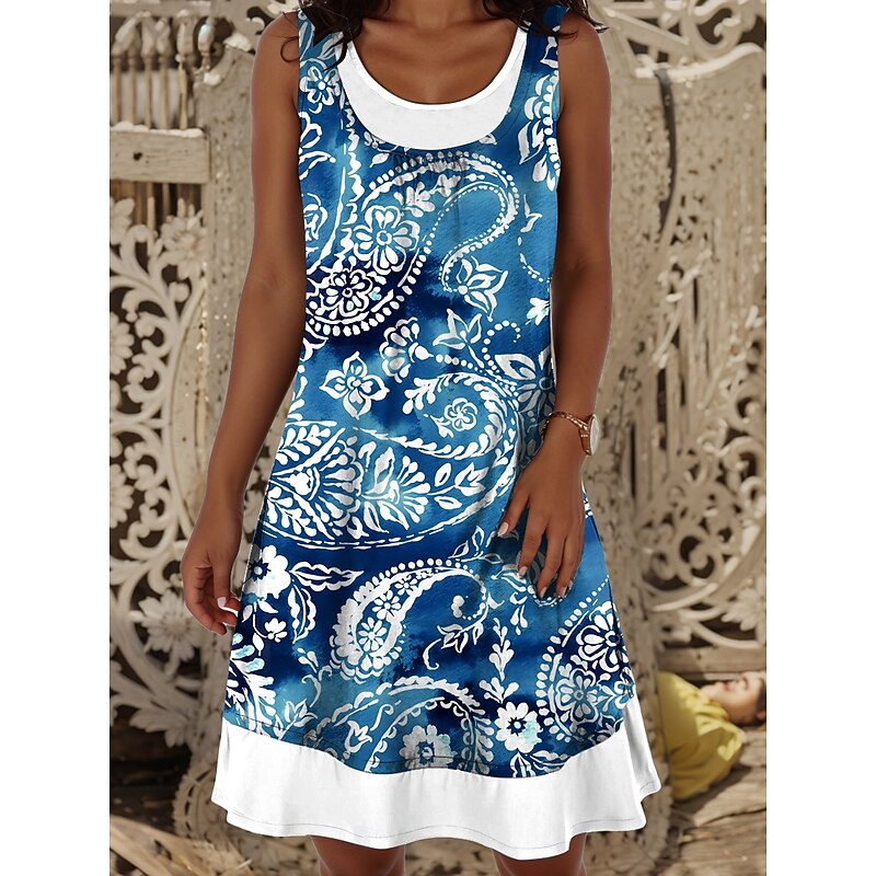 Women's Mini Dress T Shirt Dress Tee Dress Sundress A Line Dress Vacation Casual Daily Regular Fit Graphic Geometric Sleeveless Crew Neck Black Sky Blue Dark Blue Summer Spring Fall2