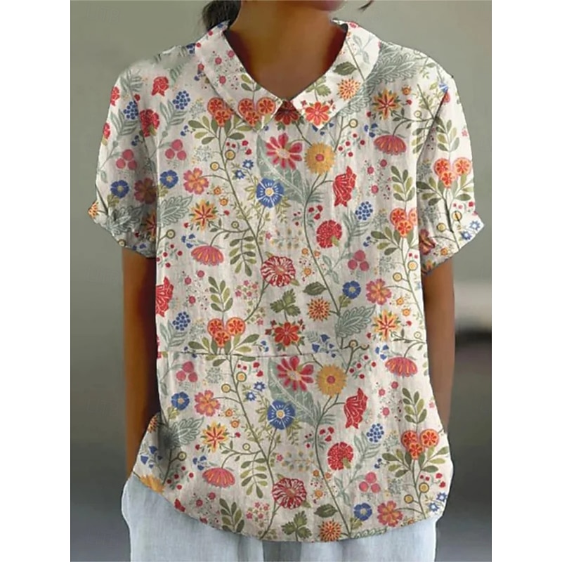 Women's Shirt Floral Daily Casual Short Sleeve Shirt Collar Regular Tops Daily Holiday Buttons Print Light Green Pink Red Blue Purple Summer Spring2