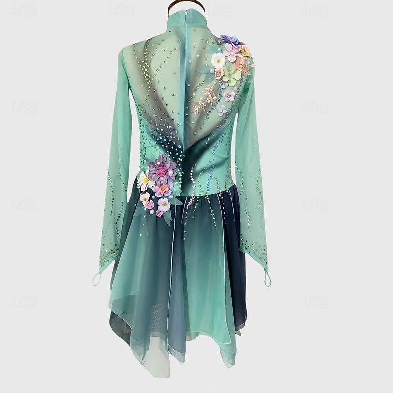 Figure Skating Dress Women's Girls' Ice Skating Dress Green+Black Thumbhole Halo Dyeing Mesh Spandex Stretchy Training Practice Professional Skating Wear Thermal Warm Classic Crystal / Rhinestone2