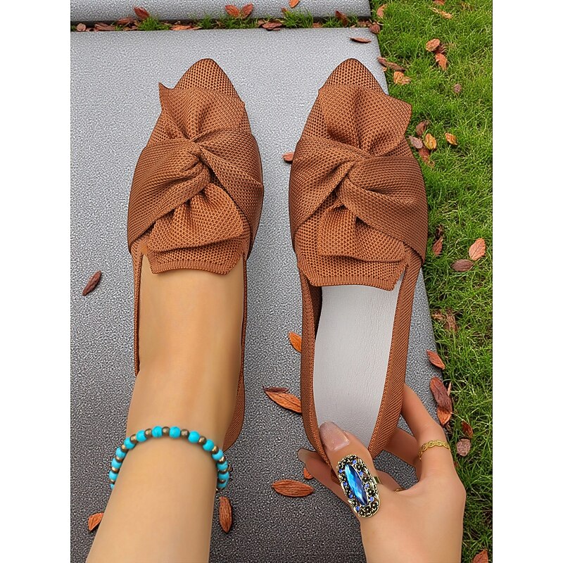 Women's Flyknit Bow Slip-On Shoes – Breathable Lightweight Casual Flats for Daily Wear, Garden Picnics and Outdoor Gatherings