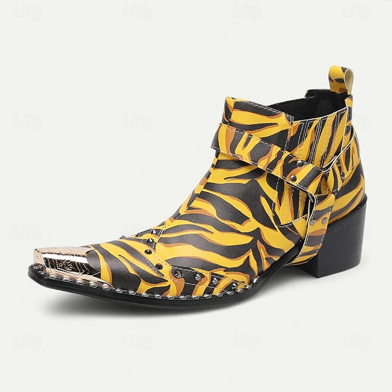 Men's Yellow Tiger Print Boots - Eye-catching Cowhide Leather Boots with Striking Pattern for Bold Fashion - Perfect for Statement Wear and Parties3