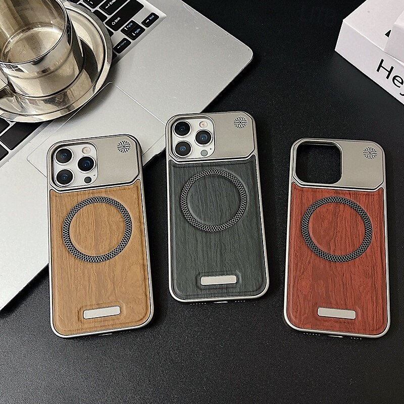 Phone Case For iPhone 17 Pro Max 17 Air 16 15 14 Pro Max Plus 13 Pro Max Back Cover Magnetic Shockproof Wood Grain PC3