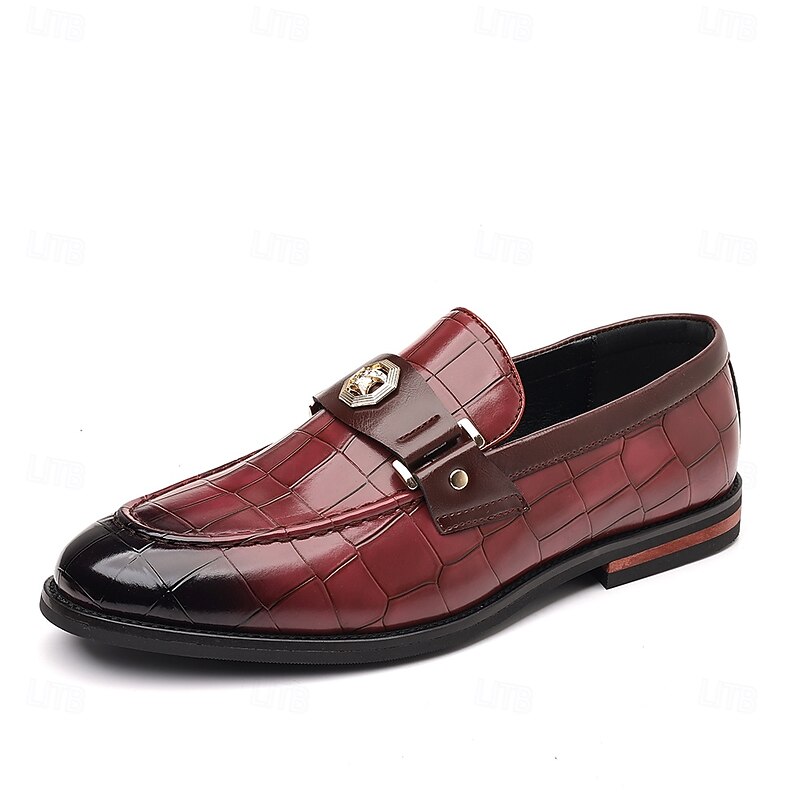 Men's Burgundy Crocodile Embossed Faux Leather Loafers – Decorative Metal Buckle Dress Shoes for Businessmen, Formal Events and Banquets4