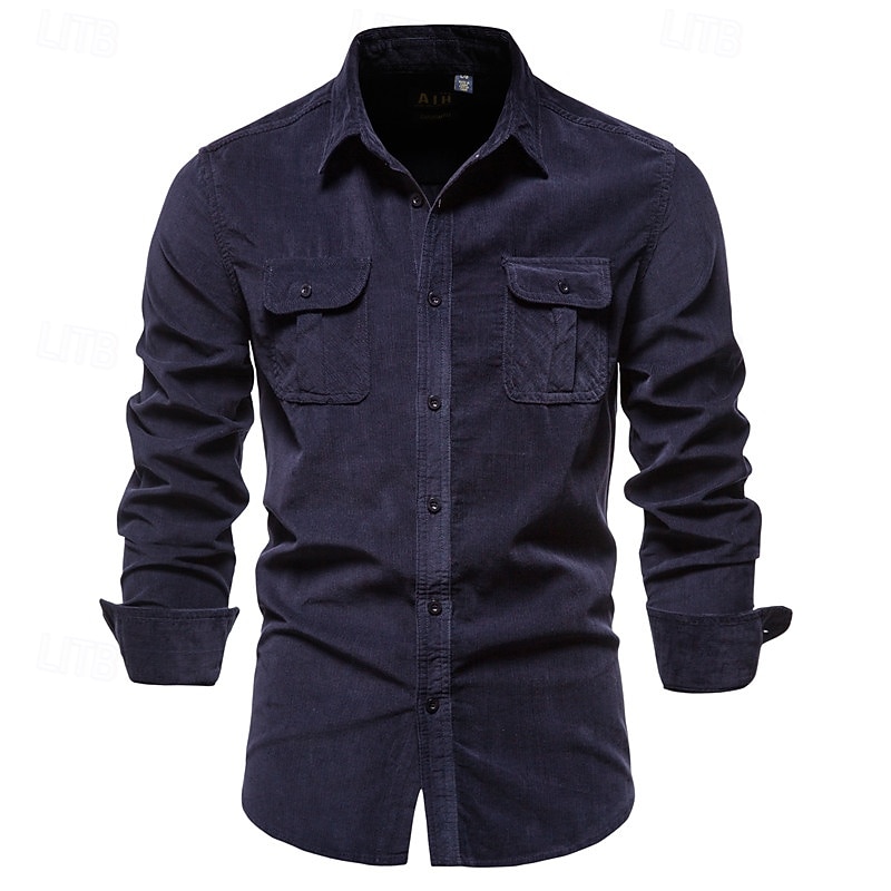 Men's Shirt Casual Shirt Corduroy Shirt Button Up Shirt Denim Blue Dark Navy Brown Green Gray Long Sleeve Plain Casual Daily Front Pocket Clothing Apparel 100% Cotton Casual2