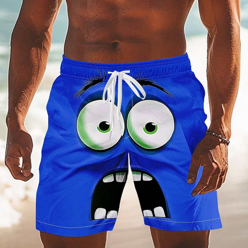 Men's 3D Cartoon Smile Face Big Eyes Swim Trunks Swim Shorts Board Shorts Mid Waist Funny Outdoor Vacation Dailywear Side Pockets Mesh Lining Elastic Drawstring Waist Designer Clothing Apparel3