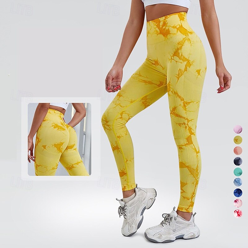 Women's Workout Leggings Yoga Pants Tummy Control High Waist Dance Pilates Running Bottoms Tie Dye Yellow Pink Red Fall Sports Activewear Tight Fit