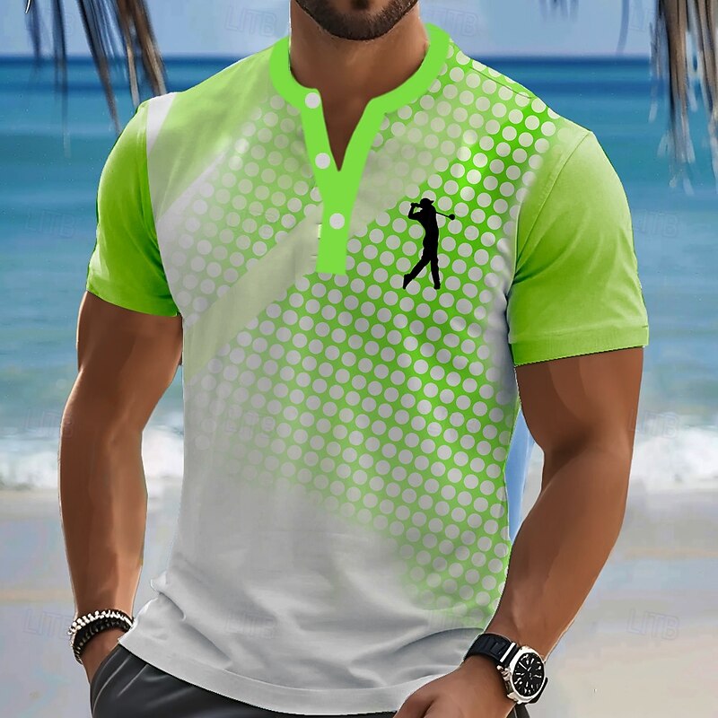 Men's Geometric T Shirt Henley Shirt Short Sleeve Designer Retro Vintage Casual Sports & Outdoor Street Casual Summer Spring Lake blue Green Navy Blue Henley Henley T-Shirt3