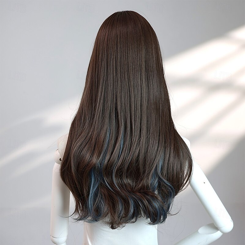 22-Inch Black and Blue Two-Tone Wavy Wig for Women – Full Bangs, Long Hair, Perfect for Halloween, Cosplay, and Fashion Looks4