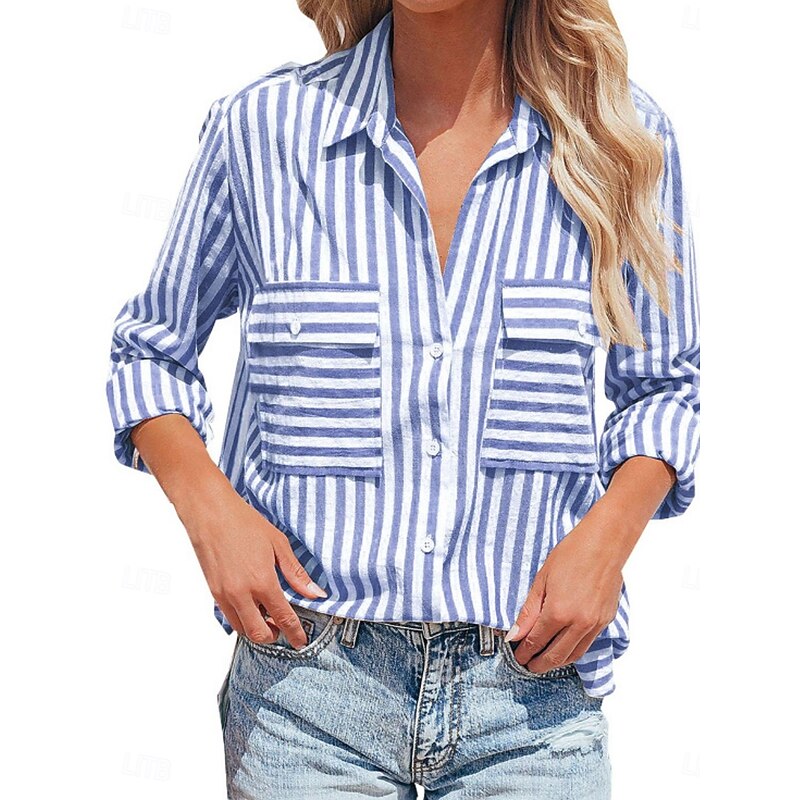 Women's Cotton Linen Shirts Striped Stylish Casual Long Sleeve Shirt Button Down Blouse Collar Regular Tops Daily Pocket Buttons Print Yellow Pink Blue Green Summer Spring Fall3