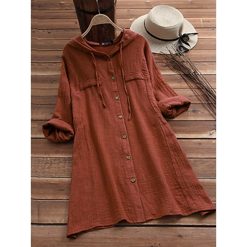 Women's Blouse Solid Color Casual Long Sleeve Hooded Long Tops Daily Pocket Buttons Yellow Wine Fuchsia Gray Summer Fall3