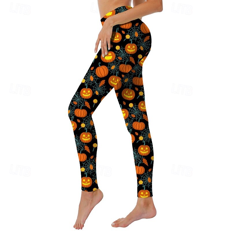 Women's Slacks Leggings Streetwear Casual Full Length NaturalPantsHalloween Pumpkin Elastic Waist Printing Soft Street Holiday Daily Wear Black Gold Orange red Brass Black Fall Regular Fit4