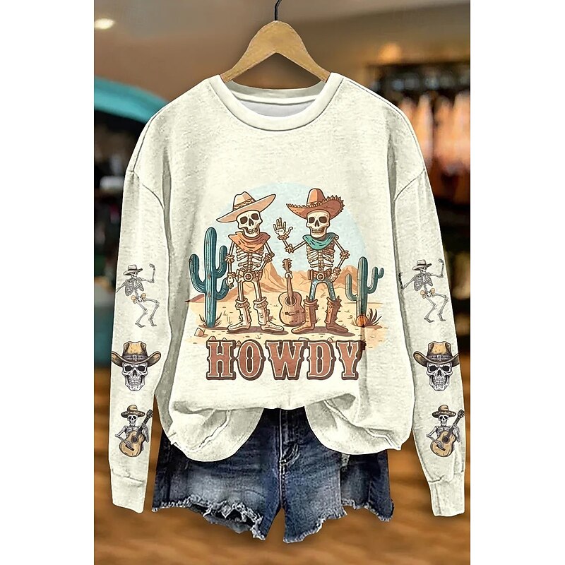 Halloween Women's Sweatshirts Skulls Graphic Casual Long Sleeve Crew Neck Round Neck Regular Tops Street Dailywear Casual Print Maroon White Fall Winter