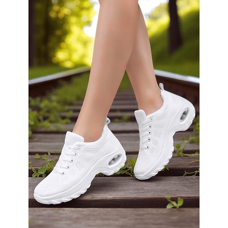 Women's White Breathable Flyknit Sneakers – Lightweight Air-Cushion Walking Shoes for Fitness, Travel and Daily Wear3