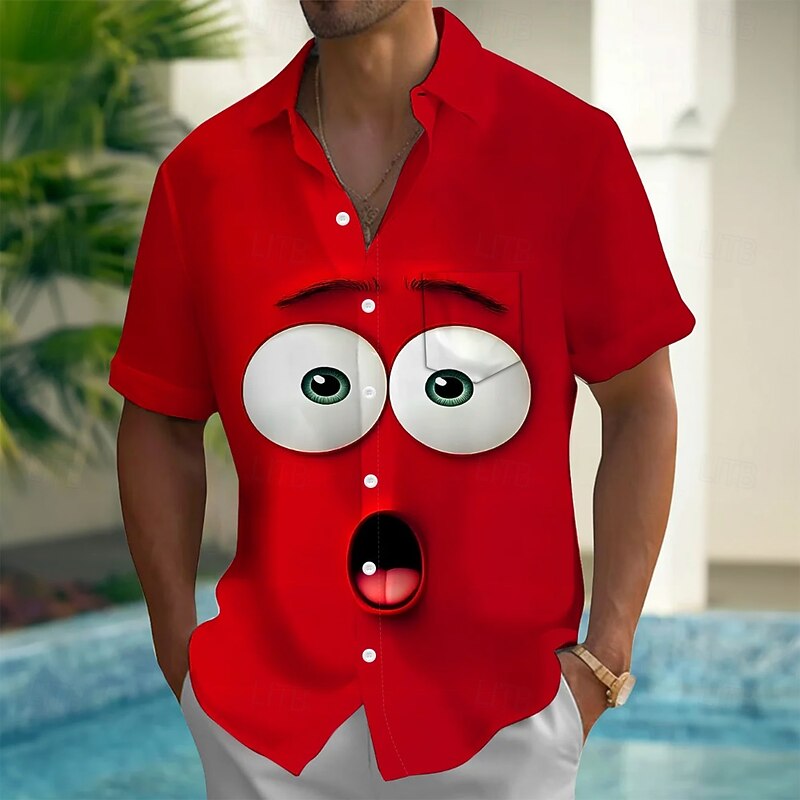Men's Cartoon Funny Smile Face Shirt Summer Shirt Button Up Shirt Short Sleeve Fashion Casual Outdoor Vacation Dailywear Summer Spring Turndown 3D Print Collared Shirts Front One Pocket Red