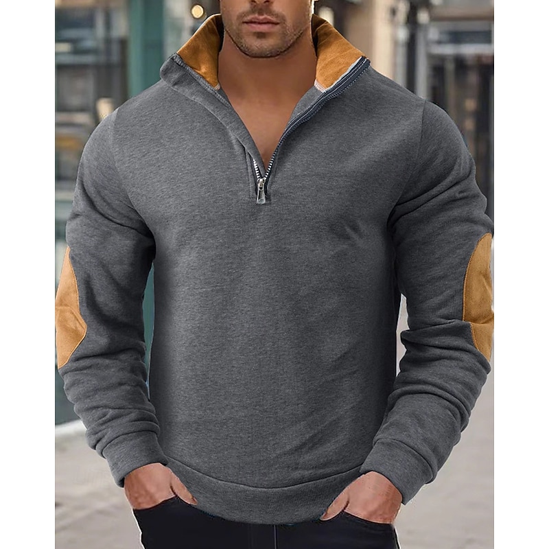 Men's Sweatshirt Quarter Zip Sweatshirt Black Wine Khaki Light Grey Dark Gray Half Zip Color Block Patchwork Sports & Outdoor Daily Holiday Polyester Streetwear Basic Casual Spring Fall Clothing4