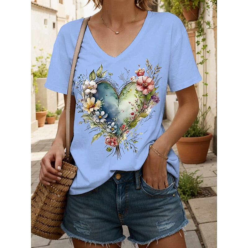 Women's T Shirt Heart Floral Graphic Vintage Fashion Hawaiian Short Sleeve V Neck Regular Tops Daily Going out Weekend Print Black White Yellow Pink Blue Summer Spring4
