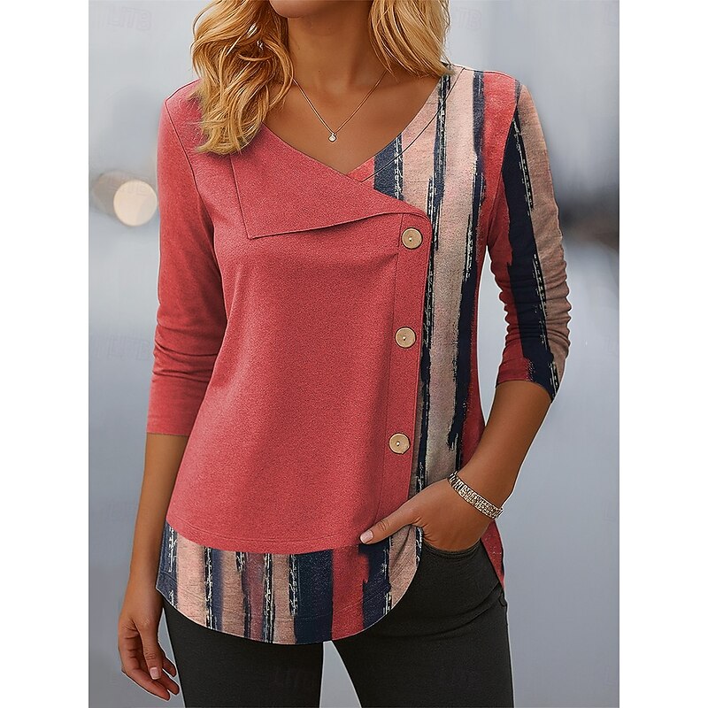 Women's Blouse Tunic V Neck Long Sleeve Buttons Graphic Geometric Plaid Vintage Stylish Casual Crew Neck Asymmetrical Tops Daily Patchwork Print Light Green Pink Red Purple Orange Spring Fall Winter3
