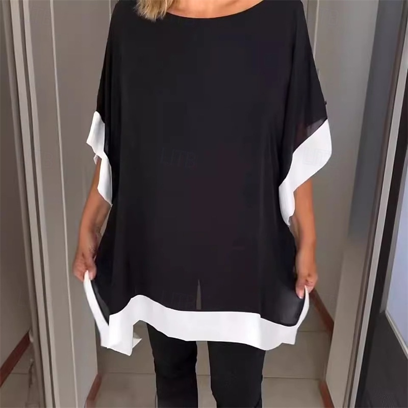 Women's Texture Blouse T Shirt Tee Top Color Block Fashion Modern Short Sleeve Crew Neck Regular Tops Daily Going out Beach Wear Patchwork Black White Red Green Gray Summer3