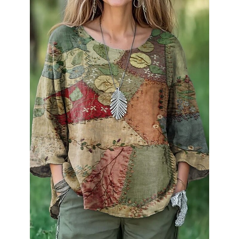 Women's Blouse Floral Retro Vintage Ethnic 3/4 Length Sleeve Crew Neck Regular Tops Daily Holiday Print Blue Purple Brown Summer Spring Fall3