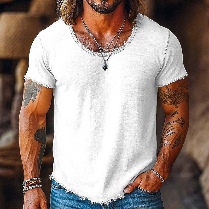 Men's Tee Top Linen T-Shirt Short Sleeve Short Sleeves Crew Neck Summer Plain Fashion Designer Basic Soft Raw Edge Vacation Street Casual White Black Pink Top Tee for Men