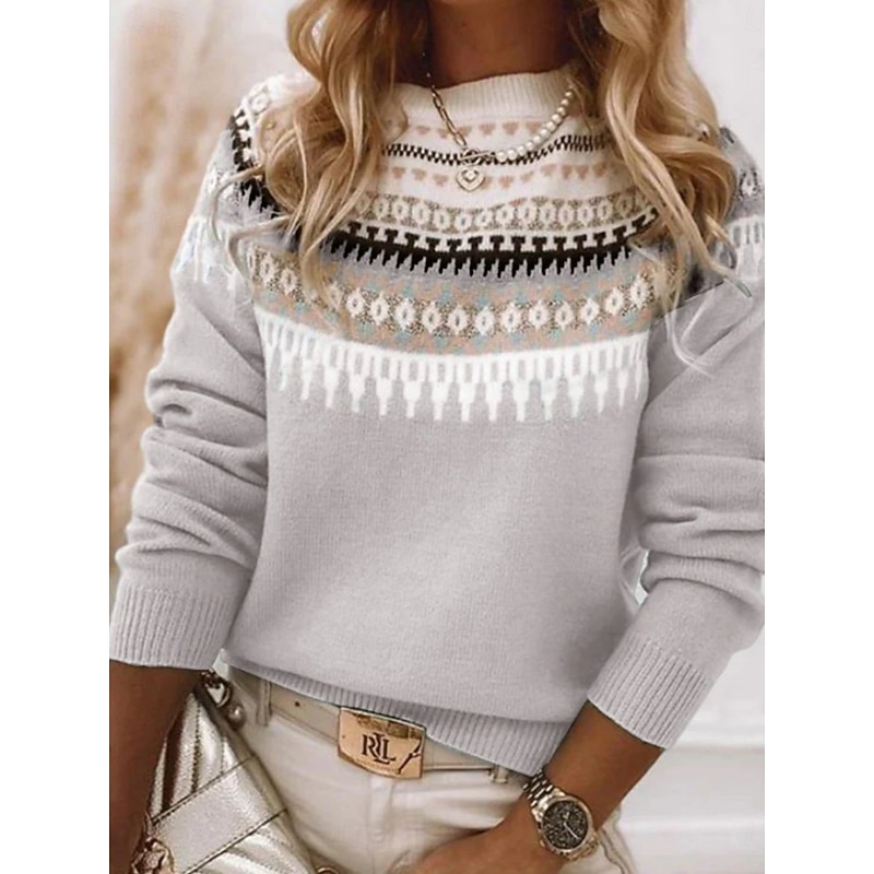 Women's Sweater Casual Soft Geometric Ribbed Crew Neck Knitted Print Long Sleeve Regular Tops Knit Outdoor Daily Weekend Pink Blue Fall Winter3