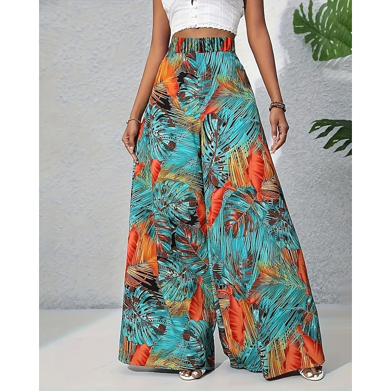 Women's Wide Leg Slacks Streetwear Casual Full Length Natural Flower Print Comfortable Street Daily Wear Weekend Blue Fall Regular Fit2