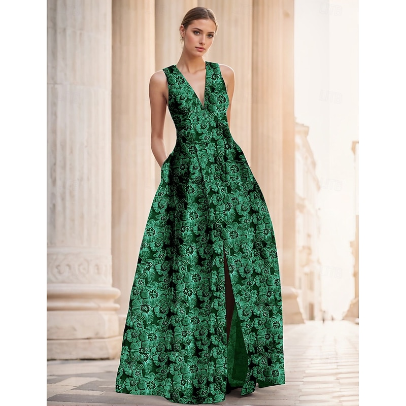 Jacquard Brocade Floral A-Line Evening Gown Elegant Dress Formal Wedding Floor Length Sleeveless V Neck Nylon with Slit Pocket Wedding Guest Dress