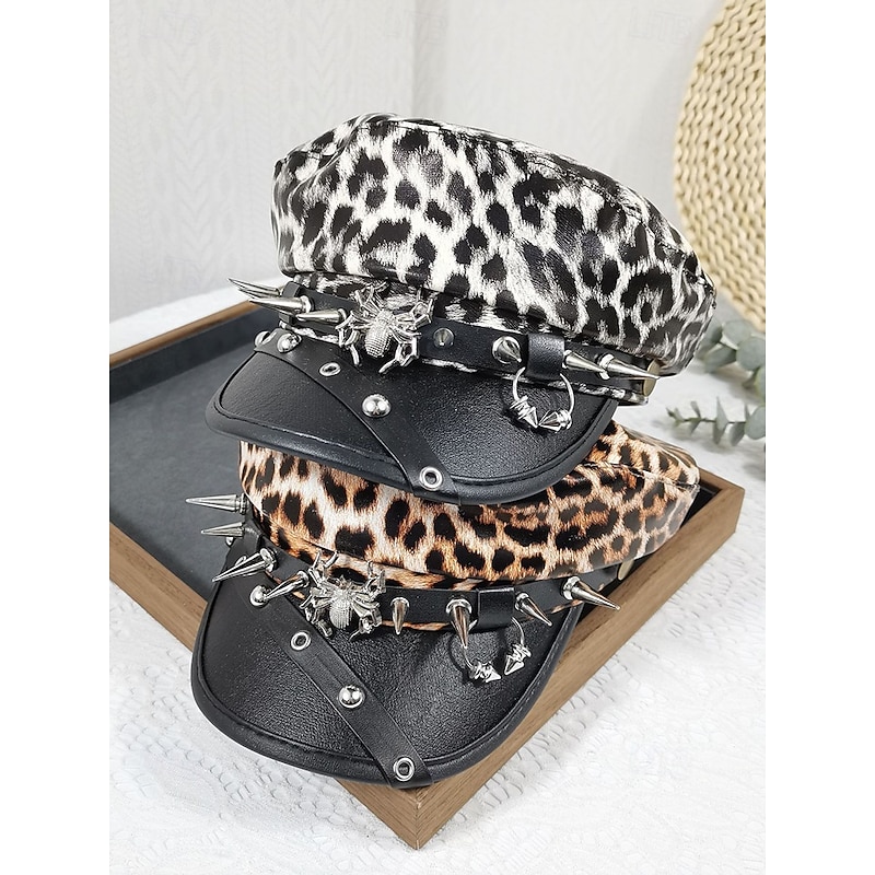Women's Halloween Leopard Print Military Cap – Gothic Punk Faux Leather Hat with Spikes and Spider Studs, Costume Party and Cosplay Accessory for Spooky Night Out4
