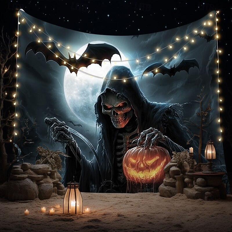 Halloween Grim Reaper Tapestry – Scary Skeleton with Jack-O'-Lantern, Spooky Graveyard Full Moon Wall Art Backdrop, Large Hanging Mural Blanket for 2025 Halloween decoration3