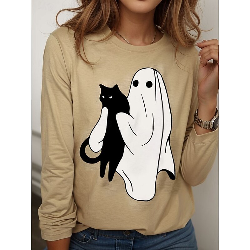 Halloween Women's T shirt Ghost Crew Neck Long Sleeve Tunic Graphic Cat Vintage Stylish Classic Round Neck Regular Tops Daily Weekend Print Pink Blue Purple Green Khaki Spring Fall