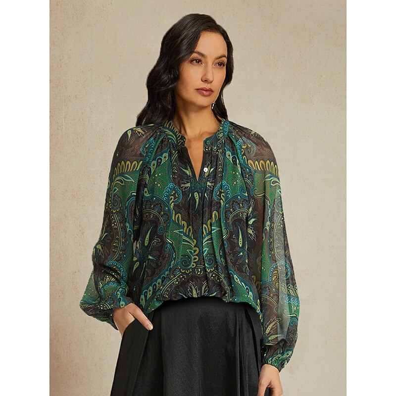 Women's Paisley Print Chiffon Peasant Top Lantern Sleeve Casual Long Sleeve V Neck Shirt Blouse for Spring