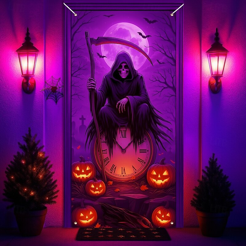 Halloween Door Cover Neon Grim Reaper with Lantern Banner, Glowing Blacklight Entrance Decoration for Outdoor & Indoor 2025 Halloween Bedroom, Living Room, Bathroom